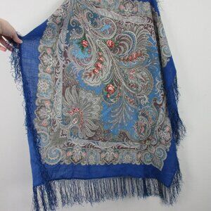 Platki 100% Wool w/ Silk Fringe Shawl Scarf Women OS Blue Paisley Warm 116